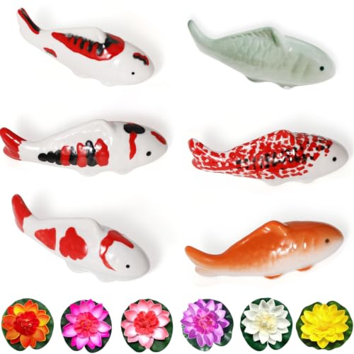 Image of 6PCS Ceramic Floating Koi Fish 6PCS Floating Foam Lotus Flower Koi Pond Accessories Pond Decor Floating Aquarium Decor Birdbath Decor 【Complete Collection】