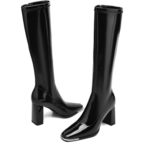 Knee High Boots Women Chunky Heel Fashion Faux Leather Tall Boots Square Toe Block Heeled Long Riding Boots Matte3