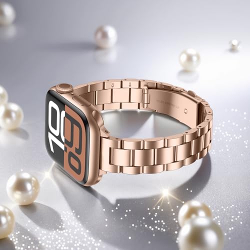 Image of Anlinser Bands Compatible with Apple Watch Band 42mm 41mm 40mm 38mm, Women Slim Stainless Steel Metal Strap for iWatch Series 10 9 8 7 6 5 4 3 2 1 SE (Rose Gold)