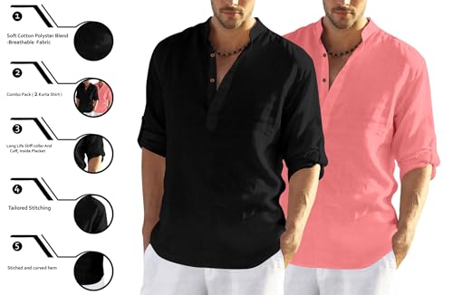 Image of Zombom Men's Combo Cotton Polyester Blend Solid Full Sleeve Straight Regular Fit Mandarin /Chinese Collor Kurta (Pack of 2)