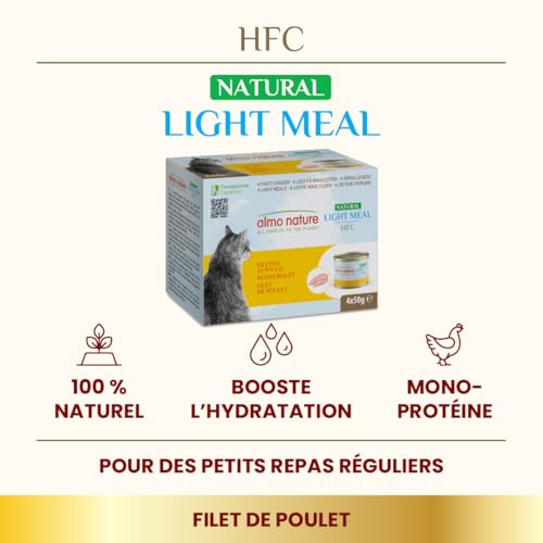 Almo Nature – HFC Natural Light Meal – Hähnchenfilet – Nassfutter für ausgewachsene Katzen: 4 Dosen à 50 g
