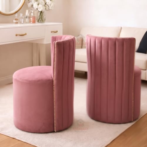 Image of Luxury Velvet Ottoman Chair Pouffe Stool-Modern Round Soft-Padded Chair for Dining Room, Living Room /Cafeteria Seating /Bedroom and Dressing Area /Ottoman with Backrest (Pink)