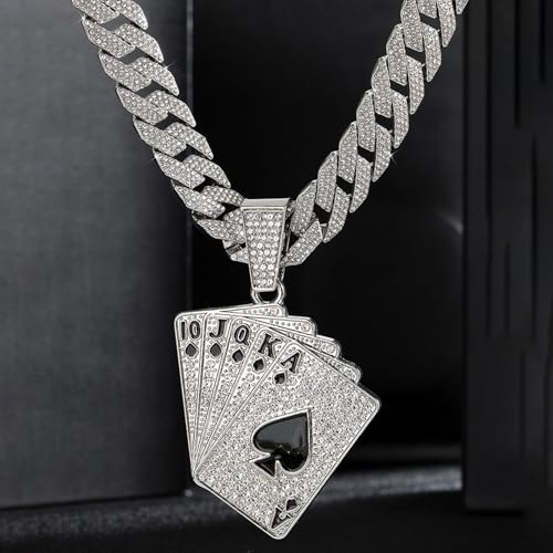 Playing card Hip-hop Cuban Chain, Pendant Miami Cuban Link Chain for Men, Gold/Silver Plated Diamond Necklace, Iced Out Hip Hop Necklace2