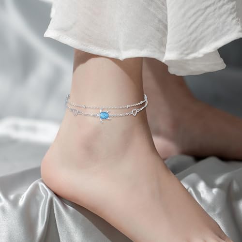 Image of 925 Sterling Silver Layered Ankle Bracelets for Women Jewelry Gifts | 925 Sterling Silver Layered Sea Turtles /Elephant /Wave Anklet Animal Bracelet Summer Ocean Beach Jewelry Gifts for Women