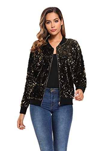 Women's Sequin Fitted Long Sleeve Zipper Blazer Bomber Jacket with Ribbed Cuffs Gold