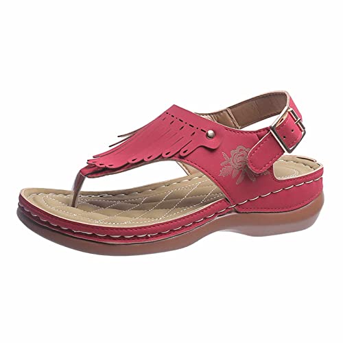 PARACAMISETAS Damen-Klipp-Zehen-Keilsandalen, modische Kunstleder-Peep-Toe-Fringe-Knöchel-Schnallen-Flip-Flops, Orthopädische Sommer-Bunion-Korrektur-Sandalen,Rot,36 Cover