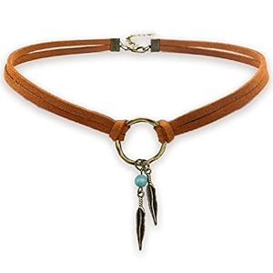 Suede Choker Necklace for Women, Native American Indian Jewelry Bohemian Feather Handmade Leather Jewelry