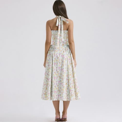 Image of Women Floral Corset Dress Halter Neck Low Cut Bustier Lace Midi Dress Flowy Pleated Hem Long Sundress with Pockets