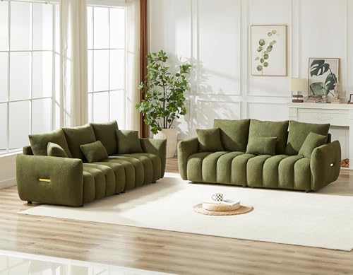Image of Antetek Teddy Fabric Sofa Set for Living Room, 2 Pieces Modern Deep Seat Oversized 3-Seater Cloud Boucle Couch for Bedroom, Office, Apartment, Furniture Set, 78-inch, Green (2 Pieces)