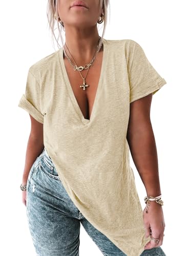 Image of Womens Deep V Neck T Shirts Oversized Side Split Summer Sexy Tunic Tops | Loose Fit, Low Cut, Soft Comfortable, Flowy, Casual Dressy, Stretchy, Beach Vacation, Solid Color, Curved Hem