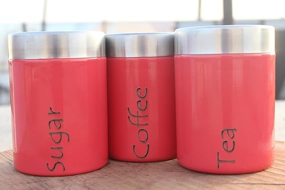 Image of Tea Sugar Containers Set of 2 - Steel Container for Storage - Tea Sugar Jar (Tea Coffee Sugar (Pink))