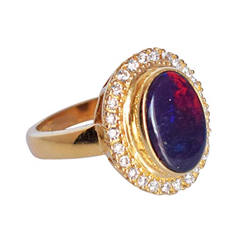 Bague de cocktail opale noire argent 925 plaqué or et oxyde de zirconium RI-4674-A
