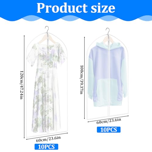 20 Pack Combo Size Garment Bags for Hanging Clothes with Zipper, Translucent Coat Covers for Closet Waterproof Dustproof Garment Covers Bags for Wardrobe Storage and Travel 24" x 40"/ 24" x 47"2