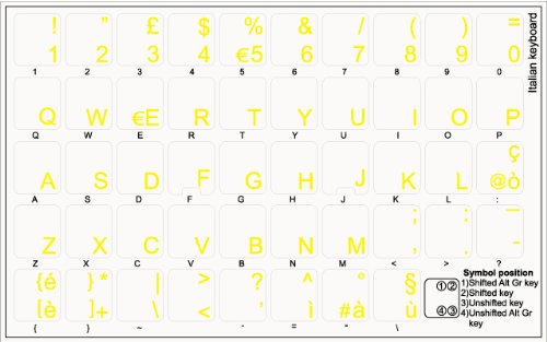 4Keyboard Italian Keyboard Sticker with Yellow Lettering Transparent Background for Desktop, Laptop and Notebook