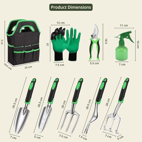 Image of Kraft Seeds Premium Gardening Tools Kit for Home Garden - Hand Trowel, Transplanting Trowel, Hand Cultivator Fork, Weeder, Rake, Pruning Shear, Spray Bottle, Carry Bag, Claw Gloves