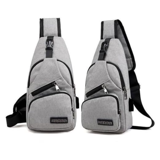 Mochila Transversal com Porta USB, Unissex, Design Moderno, Cinza