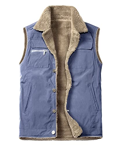Oralidera Chaqueta Exteriores para Hombre Invierno Sin Mangas Chaleco Trabajo Hombre Cálido Forro Polar Fotográfico Gilet con Múltiples Bolsillos, Azul, XL