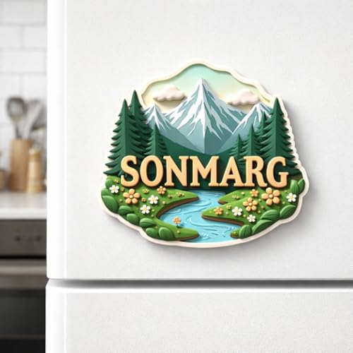Image of Naxon Sonmarg Theme Souvenir Wooden Fridge Magnet | Meadow of Gold Snow Mountains & Valley Design 3x3 Inch Refrigerator Magnet for Kitchen & Home Decor | Travel Gift from Sonmarg | Pack of 1