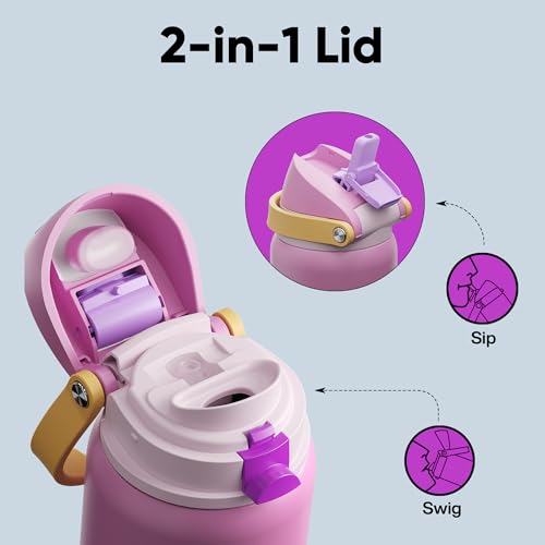 Image of Insulated Water Bottle with Straw - Encool Stainless Steel Water Bottle with Push Button Lid, Leak-Proof & BPA-Free, Keeps Cold for 24 Hours for Sports, Travel, Gym (32 oz, Light Orchid-Fuchsia)