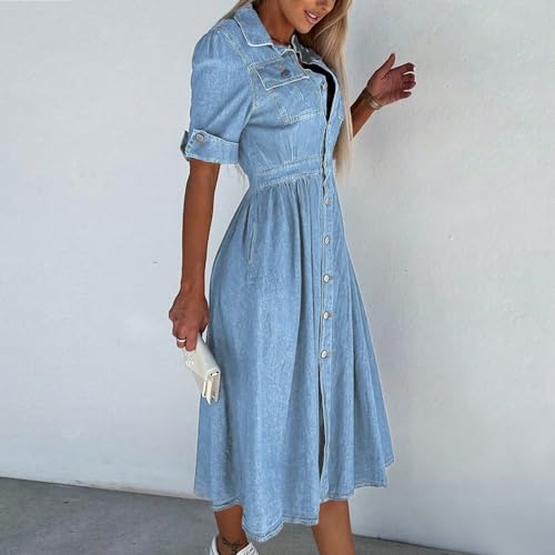 Image of Women Denim Shirt Dress V Neck Short Sleeve Long Bottom Down A-Line Jeans Dresses with Pockets