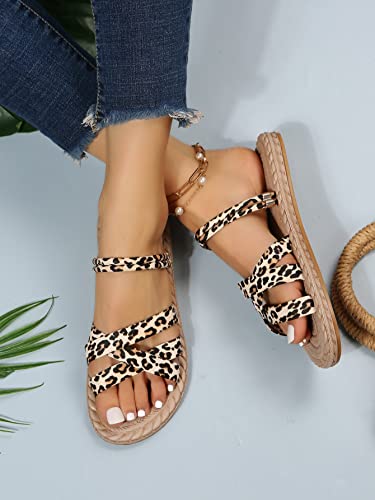 Gorglitter Women's Leopard Flat Sandals Criss Cross Strap Open Toe Slide Sandals Khaki Cn38 #TOP2