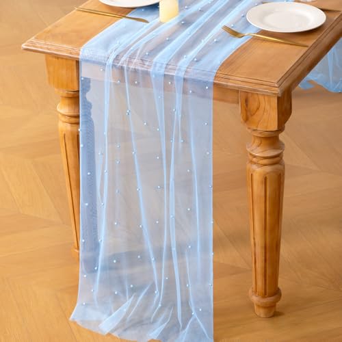Image of MLMC 3Pcs Light Blue Pearl Table Runner Boho Rustic Tulle Table Runner with Pearls 10ft 29 inchx120 inch Cheesecloth Table Decor for Wedding Baby Shower Anniversary Home Decoration