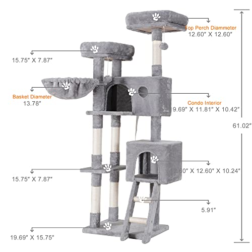 Heybly Cat Tree, Cat Tower for Indoor Cats,Multi-Level Cat Furniture Condo for Large Cats with 2 Padded Plush Perch, Cozy Basket and Scratching Posts HCT023W - Thumbnail 3