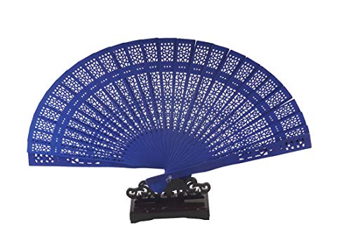 ALLinONE Chinese Scented Wooden Hand Held Folding Fans with Holder for Craft Home Wedding Party Event Decoration, Gifts (Blue)
