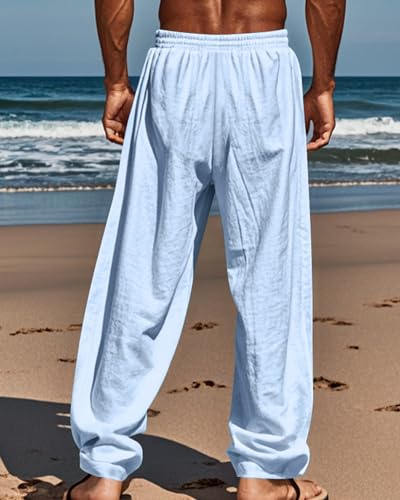 Men's Linen Pants Coconut Tree Print Summer Fall Wide Leg Casual Drawstring Hawaiian Beach Trousers with Pockets3
