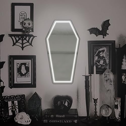 Image of Coffin Neon Sign Shaped Mirror LED Neon Sign, Gothic Bedroom Decor Neon Wall Light, Coffin Mirror Neon Wall Decor for Bedroom Vanity Salon Studio Aesthetic Room Decor 17″ x 9.44″