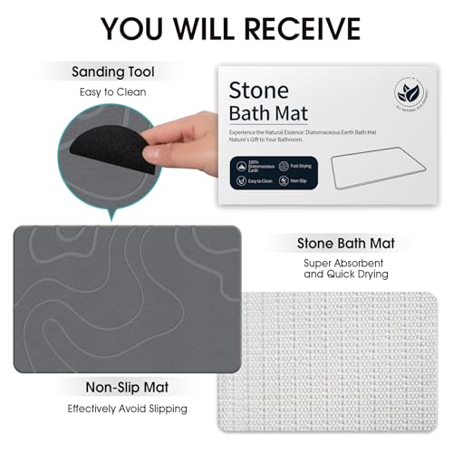 Image of ZIKIBL Stone Bath Mat Diatomaceous Earth Shower Mat Non-Slip Super Absorbent Diatomite Stone Mats for Bathroom Floor Quick-Drying Easy to Clean (24''*16'' Grey)