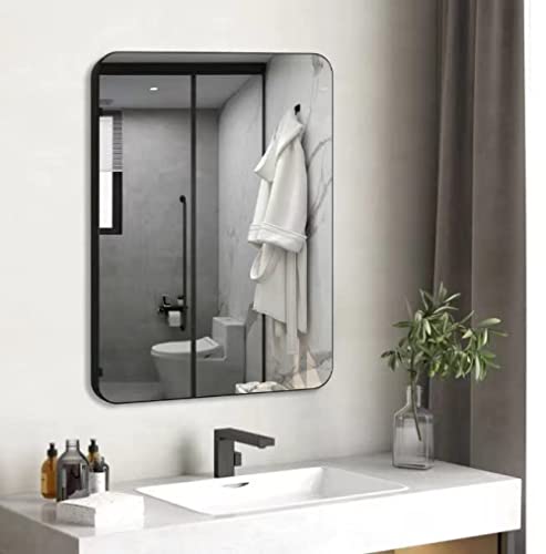 Vlsrka 31x24 Inch Bathroom Mirror, Black Metal Frame Wall Mirror with Rounded Corner in Aluminum, Rectangle Glass Panel Wall Mounted Mirror for Living Room, Hallway, Hangs Horizontally or Vertically