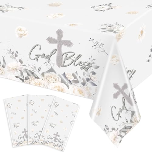 Image of Ganeen 3 Pcs God Bless Baptism Tablecloth, First Communion Decorations White Silver Disposable Plastic Religious Table Covers Waterproof for Christening Baby Showers Baptism Decor, 54 x 108 Inch