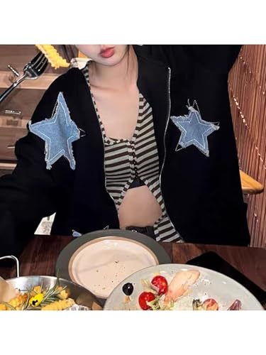 Image of BAIMORE Unisex Vintage Blue Star Patch Drawstring Zipper Hoodie Loose Casual Couple Jacket