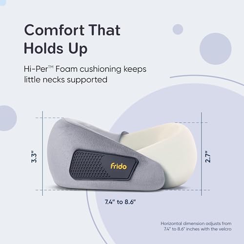 Image of Frido Kids Memory Foam Travel Neck Pillow with Travel Pouch | 360 Chin & Neck Support for Comfortable Sleep | Adjustable Velcro Straps | Ideal for Car, Flight & Road Trips | Bluish Grey