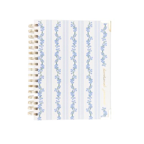 Image of Mary Square Petal Thread Devotional Journal, 9 x 7.5 Inch Christian Spiral Notebook with Guided Scripture Study, Prayer & Praise Sections, Blue Floral Stripe Faith Journal