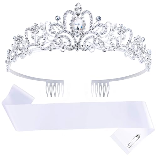 TIHEBAX Custom Sash and Crown, Silver Tiara Crown with Blank Satin Sash for Women Girls Sparkly Rhinestone Tiara Make Your Own Sashes for Custom Prom Queen, Birthday, Bride, Graduation, Bachelorette