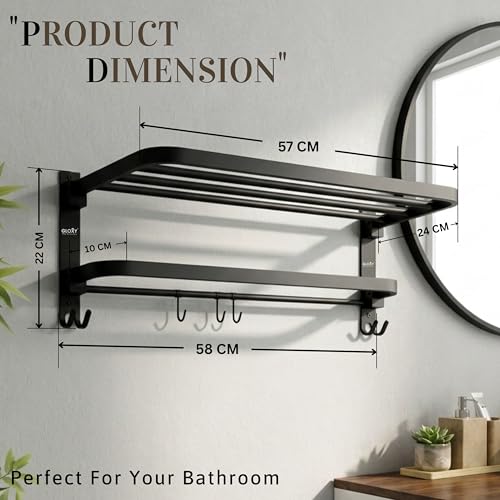 Image of Gloxy Premium Foldable Towel Holder in Bathroom with Towel Rod & Hooks - Stainless Steel Black Matte Finish Bathroom Towel Hanger for Wall Mount Installation - Towel Rack in Bathroom Accessories Set
