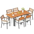 Tangkula 7 Piece Patio Dining Set, Outdoor Acacia Wood Cushioned Chairs and 51”-64” Expandable Rectangular Table Set, with Umbrella Hole, 6 Stackable Armchairs, for Poolside Garden (Off White)