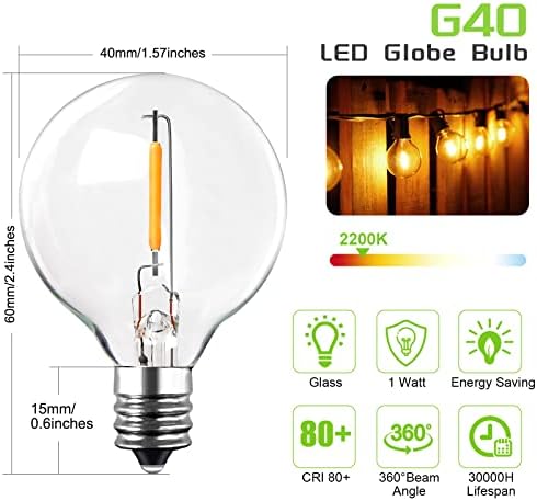 ROMANJOY G40 LED Globe Bulbs, E12 Small Edison Screw Base 2200K Warm White, AC220V-240V, 1W =10W, Replacement Bulb for G40 Outdoor String Lights, Non-dimmable, Clear Glass Bulbs for Indoor Use 6 Pack