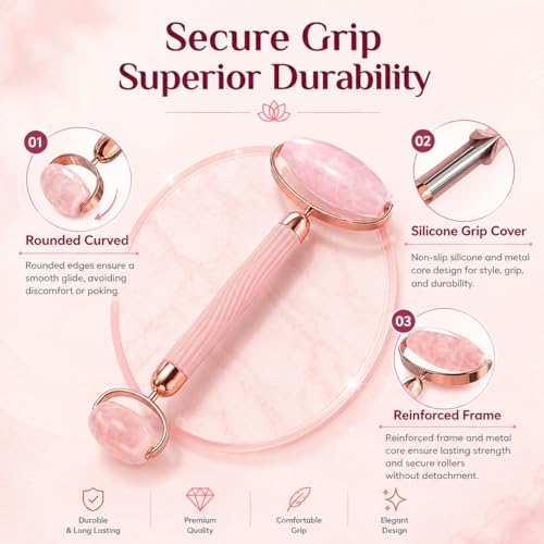 Image of Advance Rose Quartz Gua Sha and Face Roller Set Anti-Breakage for Long-Lasting Use, Jawline Sculpting and Puffiness Reducing, GuaSha Facial Tools for Self Care Pink