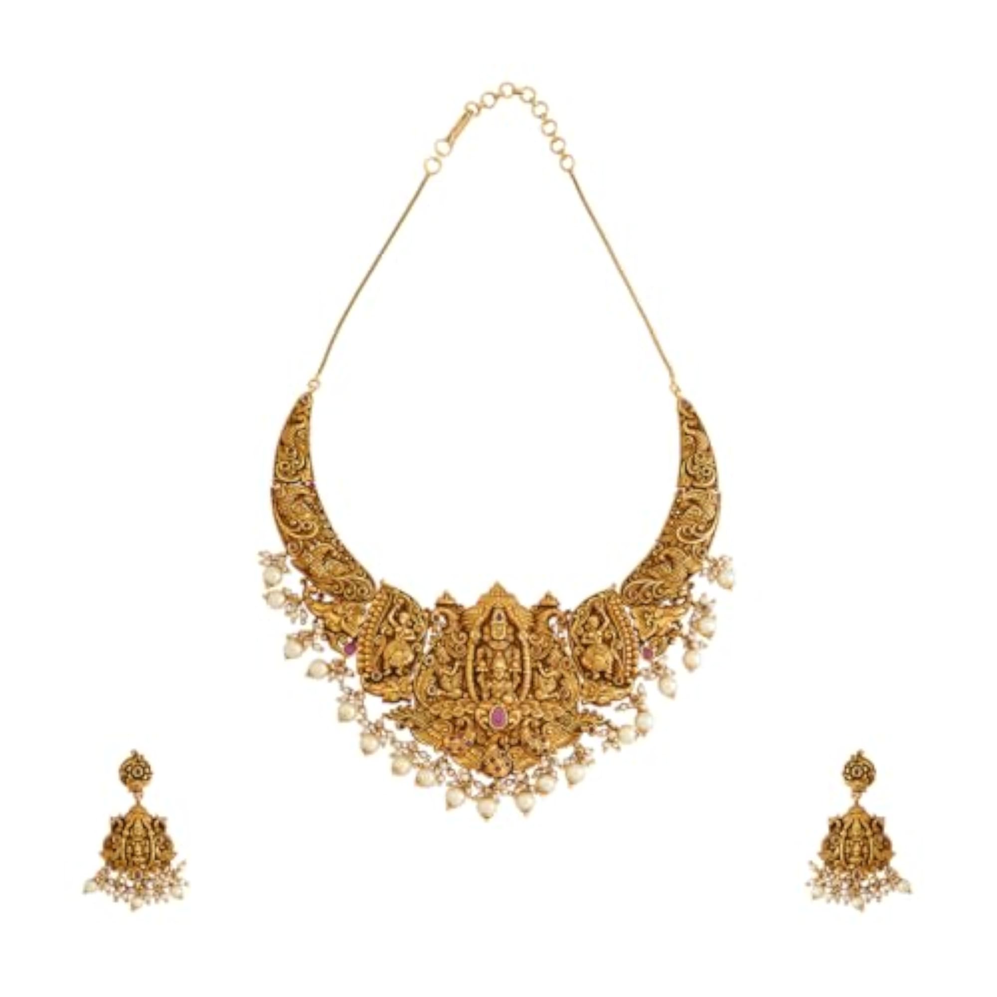 Ruby Gold Polished Antique Necklace Set with Earrings, Gift Ready