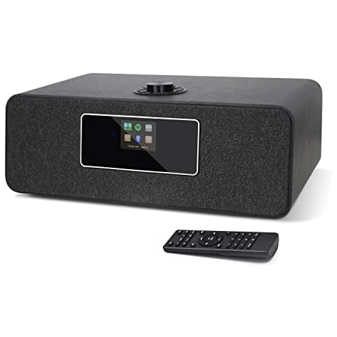 MS3 Stereo WIFI Internet DAB+ Digital and FM Radio with Bluetooth,Spotify Connect,Dual Alarms Clock,USB Charger,Full Colour Display, Remote Control - Black oak Cover