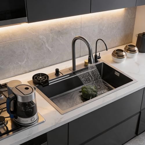Image of WALLACE 304 Grade Black Single Bowl Multifunction Kitchen Sink 30x18x10 inches | Stainless Steel Workstation Sink with Integrated Waterfall Cup Washer Drain Basket RO Tap & Pull Down Faucet