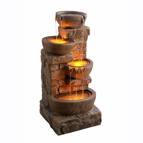 Teamson Home 33.27" Cascading Bowls & Stacked Stones LED Water Fountain for Outdoor Living Spaces, Brown by Teamson Home - Image 4