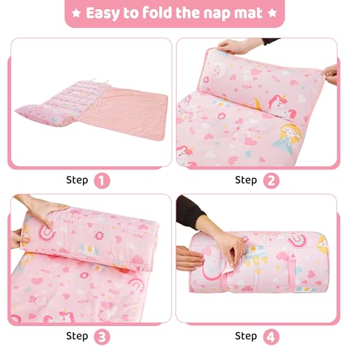 Image of Viviland Toddler Kid Nap Mat for Preschool, Girls Pink Princess Daycare Kindergarten Slumber Bag