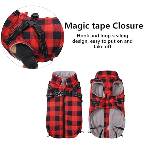 Ctomche Plaid Dog Coat - Warm Fleece Jacket for Cold Weather Waterproof with Reflective Harness for Small to Large Dogs - Red-Large - Image 3