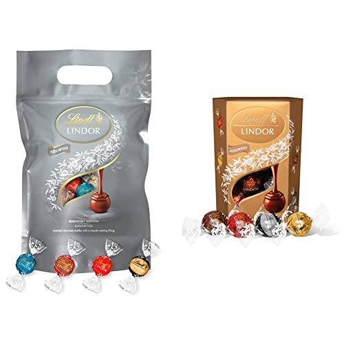 Image of Lindt Lindor Chocolate Silver Truffles Bag - Approx 80 balls, 1 kg - Chocolate Truffles with a Smooth Melting Filling & Lindor Chocolate Truffles Box - Approx 16 balls, 200 g - Chocolate Truffles