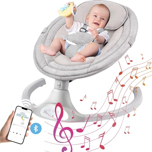 HEMUYT Silla Mecedora Eléctrica, Hamaca Bebe Electrica con Mando a Distancia y Bluetooth para conectar al Smartphone, Balancin para bebés 0-9 kg, Balanceo Automatico 5 Velocidades, con arnés 5 Puntos