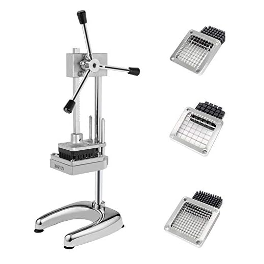 ROVSUN Upgraded Patented Commercial French Fry Cutter with 3 Sizes Blades Set, Rudder Stock Lever, Suction Feet, Potato Cutter Fruit Vegetable Slicer(1/2'', 3/8'', 1/4'' Blades and Pusher Blocks)
